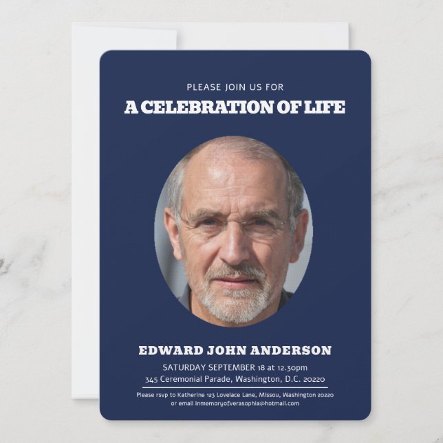 Invitación Servicio conmemorativo corazón oval foto azul blan (Anverso)