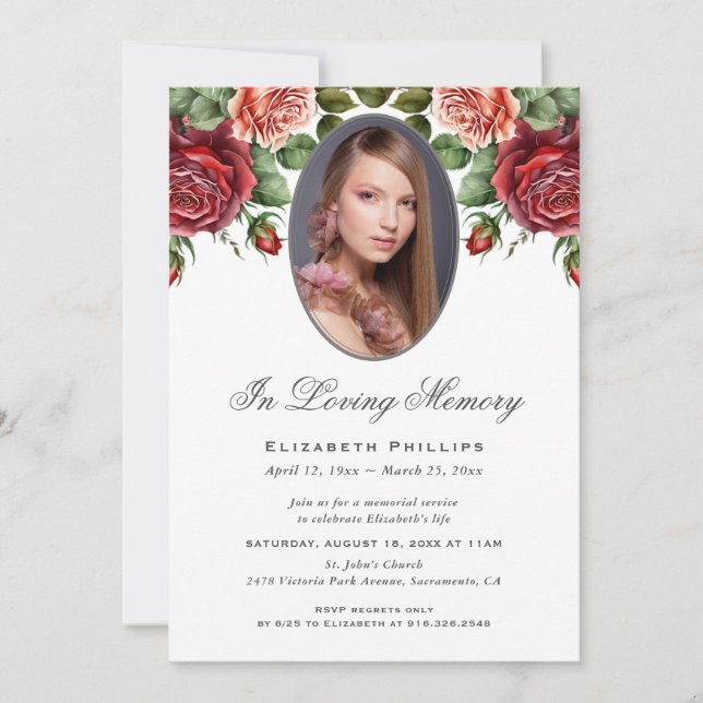 Invitación Servicio conmemorativo de fotos florales de rosas  (Anverso)