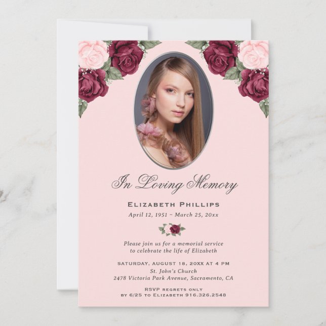 Invitación Servicio conmemorativo de fotos florales rosadas d (Anverso)