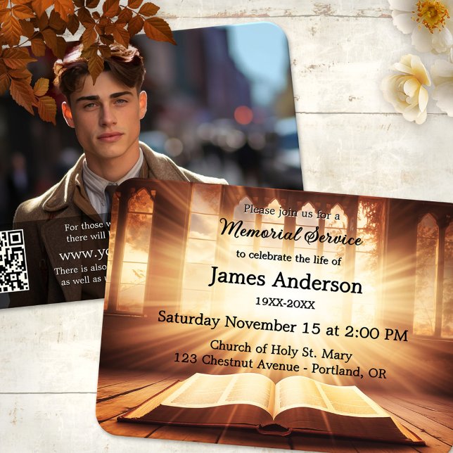 Invitación Servicio conmemorativo del funeral de Christian Cl (Memorial or funeral service featuring a a classic Christian design with a bible and church windows)