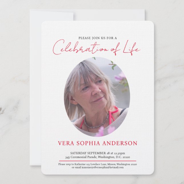 Invitación Servicio conmemorativo foto ovalada de corazón bla (Anverso)