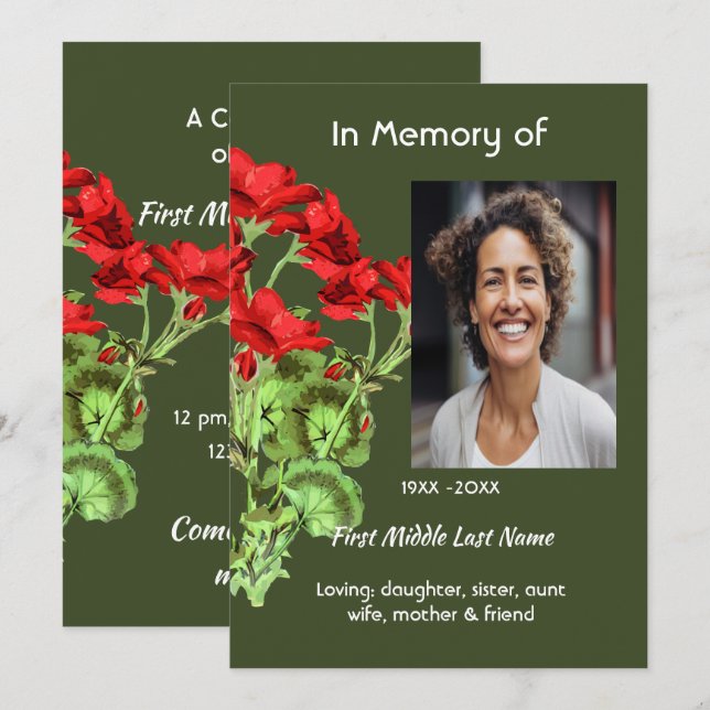 Invitación Servicio de Celebración de la Vida Flor de Geranio (Anverso / Reverso)