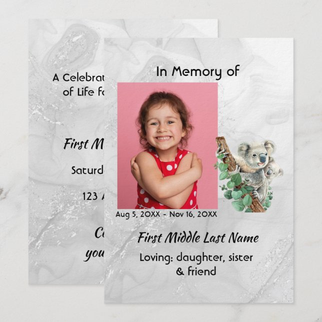 Invitación Servicio de Celebración de la Vida Osito Koala Lin (Anverso / Reverso)