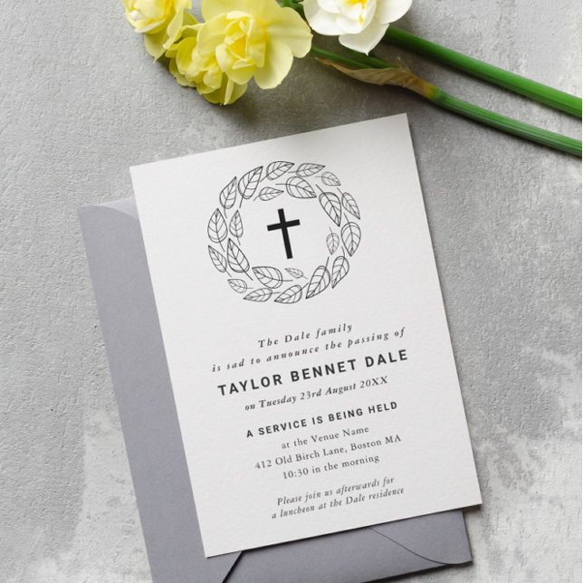 Invitación Servicio de funerales de Cross Leaves (Subido por el creador)