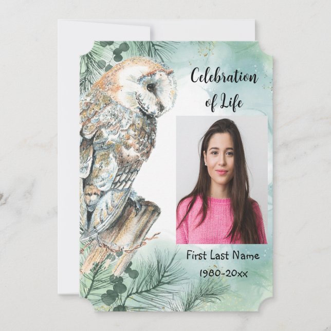 Invitación Servicio de memorias invitan a lechuza acuarela (Anverso)