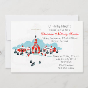 Invitación Servicio de Navidad con una escena de iglesia inve