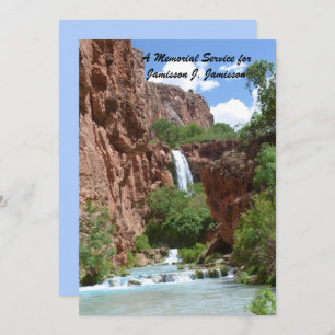 Invitación Servicio en memoria, cascada, acantilados rojos en