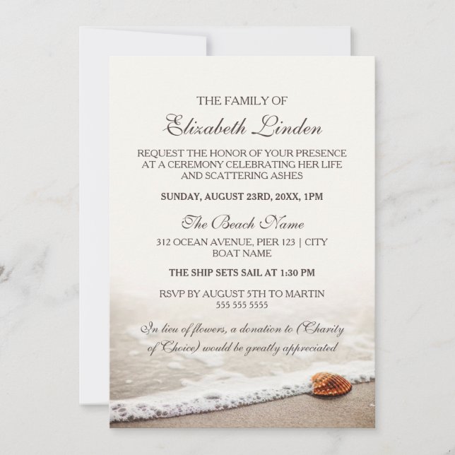 Invitación Servicio en memoria| Conchas en la playa (Anverso)