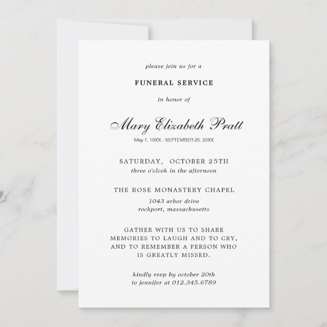 Invitación Servicio funeral Blanco Negro Elegante (Anverso)