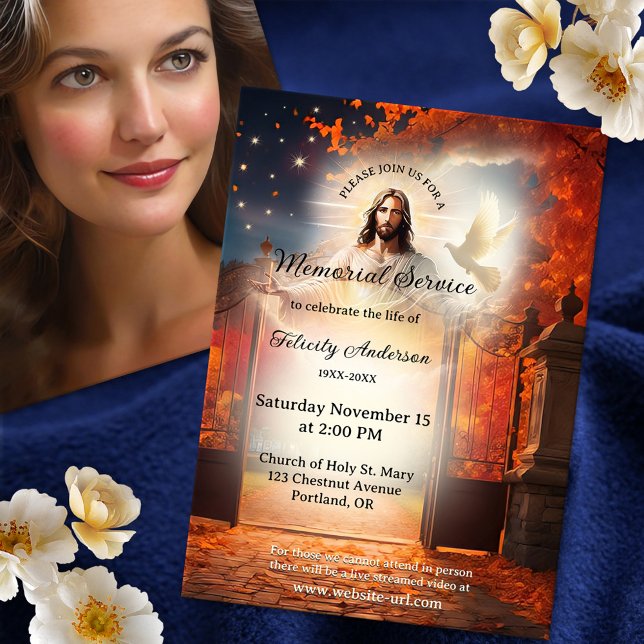 Invitación Servicio Funerario Cristiano Moderno (Memorial, funeral service or celebration of life invitation featuring Christ at heaven's gate)