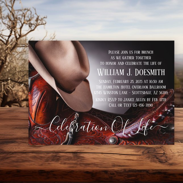 Invitación Servicio Funerario de Silla de Montar y Sombrero d (Hat and saddle memorial invitation. Simply add your event details.)