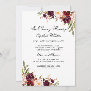 Invitación Servicio Memorial Floral Borgoña Rojo