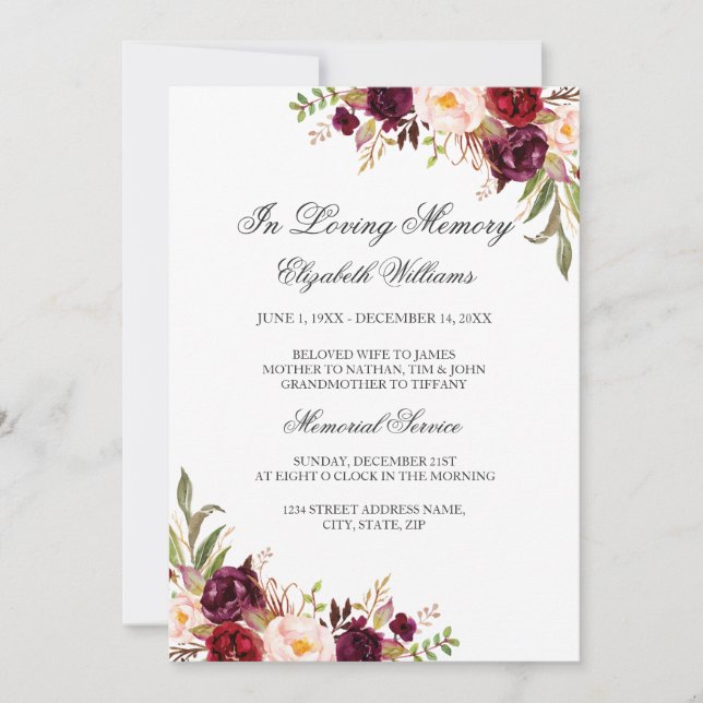 Invitación Servicio Memorial Floral Borgoña Rojo (Anverso)