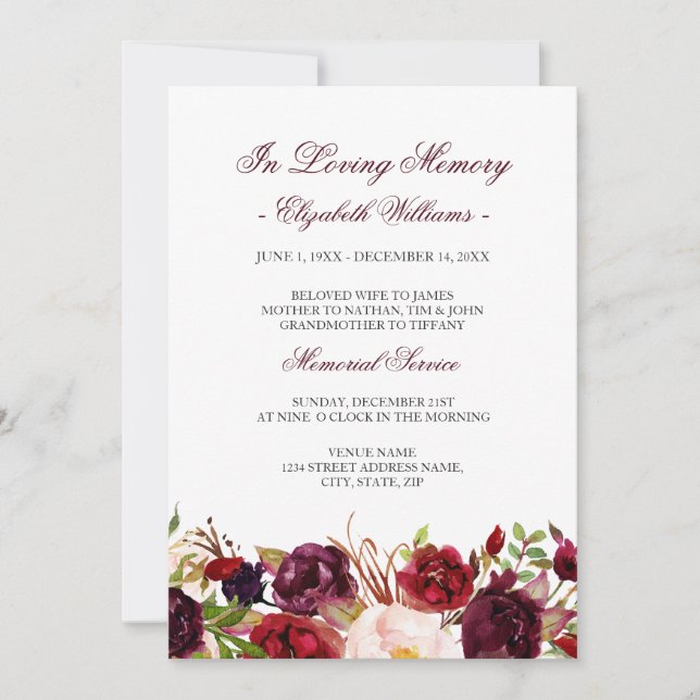 Invitación Servicio Memorial Floral Rojo Marsala Borgoña (Anverso)