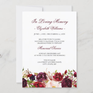 Invitación Servicio Memorial Floral Rojo Marsala Borgoña