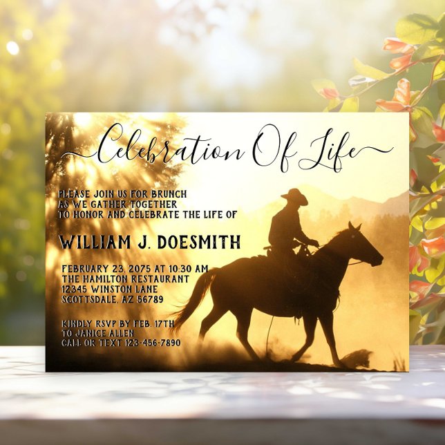 Invitación Servicio Memorial Funeral de Vaquero en Puesta de  (Cowboy funeral and memorial service announcement and invitation.)