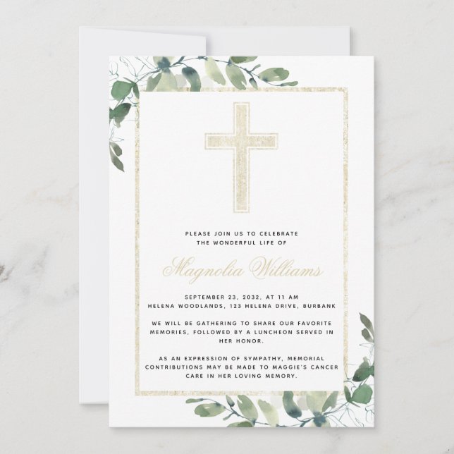Invitación Servicio Memorial Gold Cross Eucalyptus (Anverso)