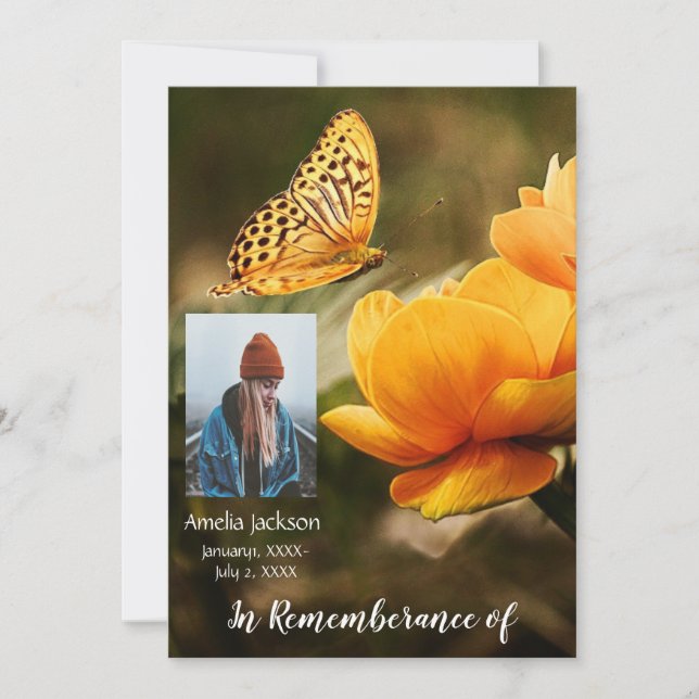 Invitación Servicio Memorial Invitar Flor Jardín de Mariposas (Anverso)