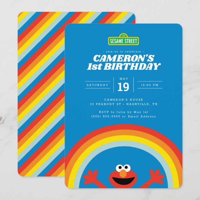 Invitación Sesame Street | Cumpleaños del arcoíris de Elmo (Anverso / Reverso)