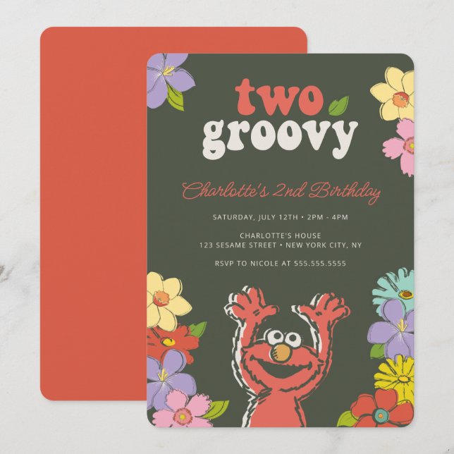 Invitación Sesame Street Elmo | Dos cumpleaños floral de Groo (Anverso / Reverso)
