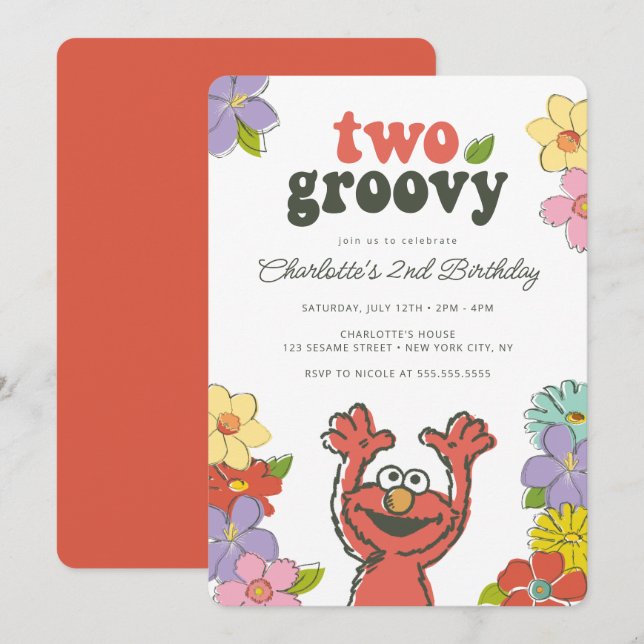 Invitación Sesame Street Elmo | Dos cumpleaños floral de Groo (Anverso / Reverso)