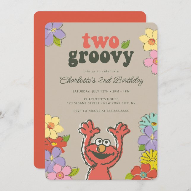 Invitación Sesame Street Elmo | Dos cumpleaños floral de Groo (Anverso / Reverso)