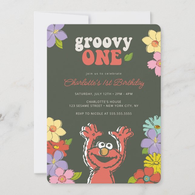 Invitación Sesame Street Elmo | Groovy One Floral Birday (Anverso)