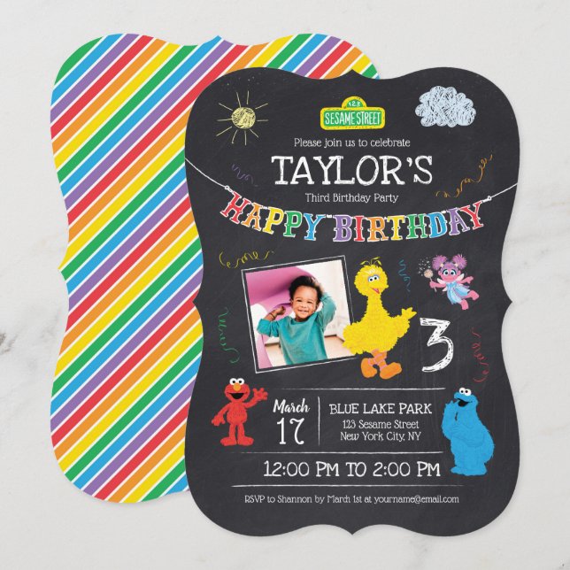 Invitación Sesame Street Pals Chalkboard Foto de tercer cumpl (Anverso / Reverso)