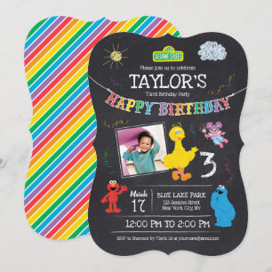 Invitación Sesame Street Pals Chalkboard Foto de tercer cumpl
