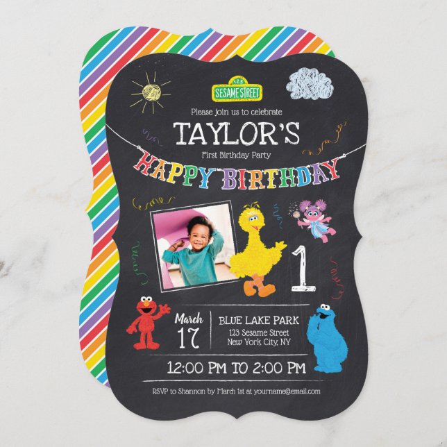 Invitación Sesame Street Pals Chalkboard Foto Primer cumpleañ (Anverso / Reverso)