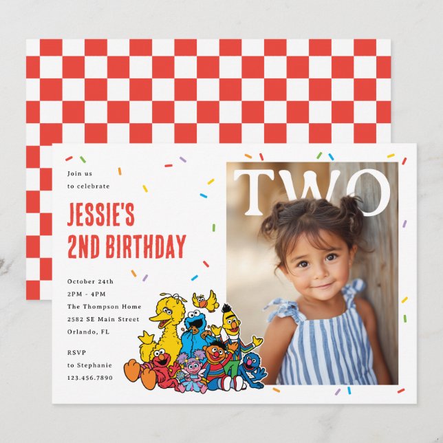 Invitación Sesame Street Red Confetti Second Birthday (Anverso / Reverso)