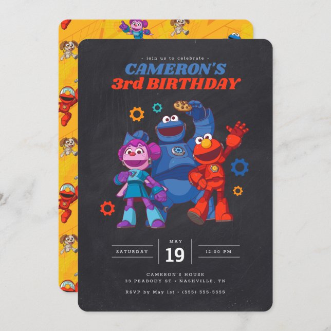 Invitación Sésamo Street Mecha Construye el cumpleaños de Cha (Anverso / Reverso)