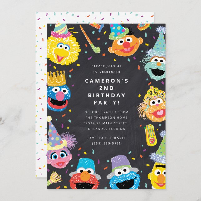 Invitación Sésamo Street Pals Chalkboard Confetti Cumpleaños (Anverso / Reverso)
