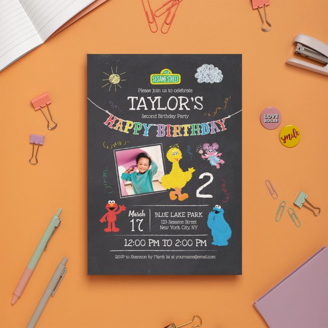 Invitación Sésamo Street Pals Chalkboard Foto Cumpleaños (Subido por el creador)