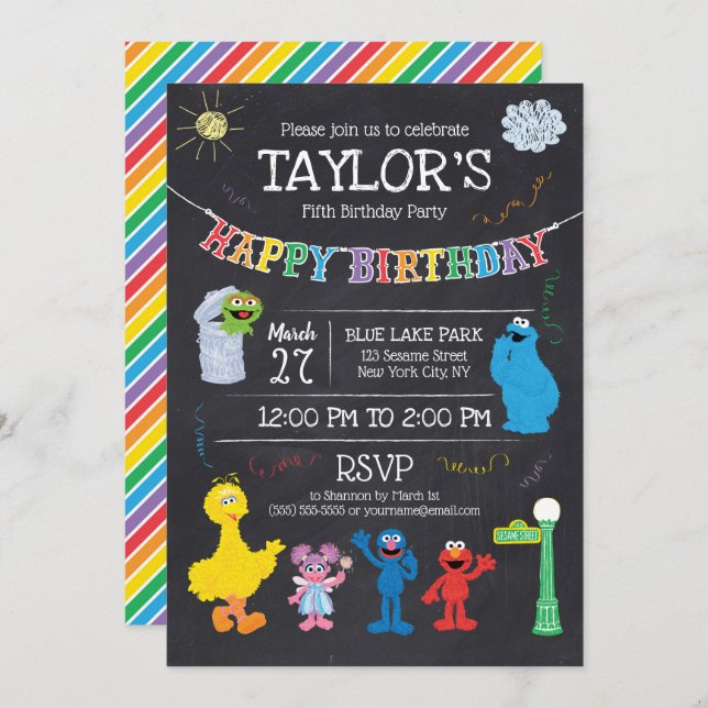 Invitación Sésamo Street Pals Chalkboard Rainbow 5º cumpleaño (Anverso / Reverso)