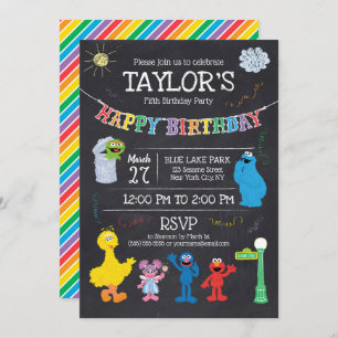 Invitación Sésamo Street Pals Chalkboard Rainbow 5º cumpleaño