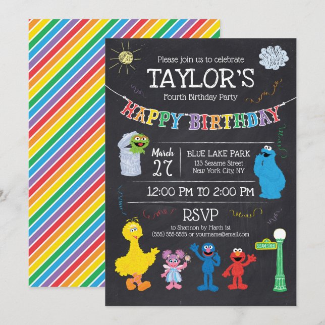 Invitación Sésamo Street Pals Chalkboard Rainbow Cuarto cumpl (Anverso / Reverso)