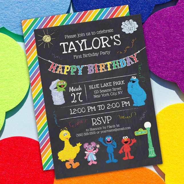 Invitación Sésamo Street Pals Chalkboard Rainbow Primer cumpl (Subido por el creador)
