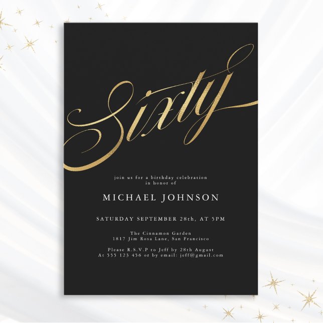 Invitación Sesenta Black y Gold Modern cumpleaños número 60 (Mockup View)