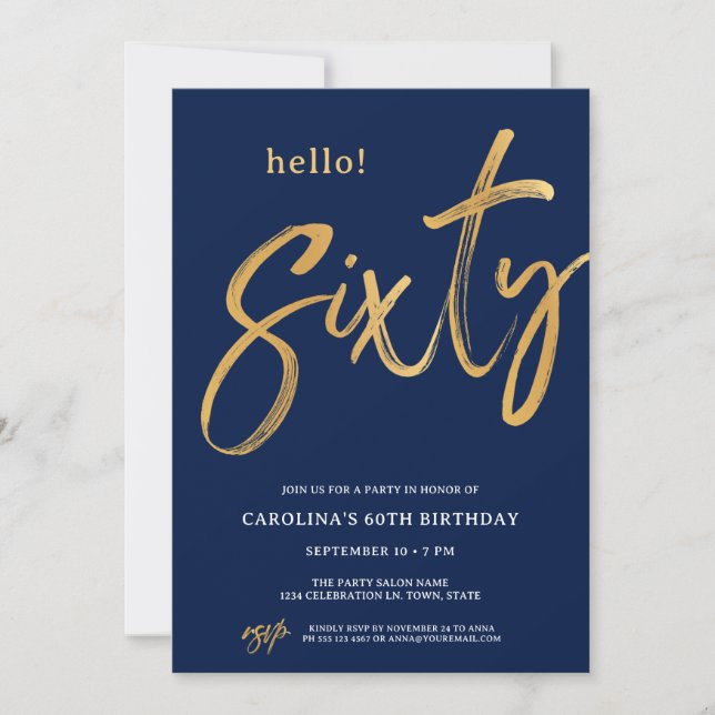 Invitación Sesenta Cumpleaños Modernos de Oro Azul 60 (Anverso)