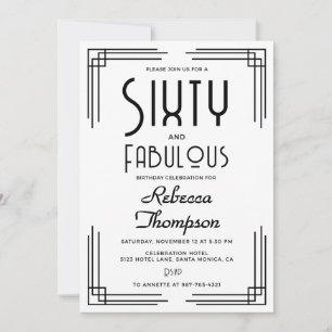Invitación Sesenta Fabuloso Blanco Negro Art Deco 60 Cumpleañ