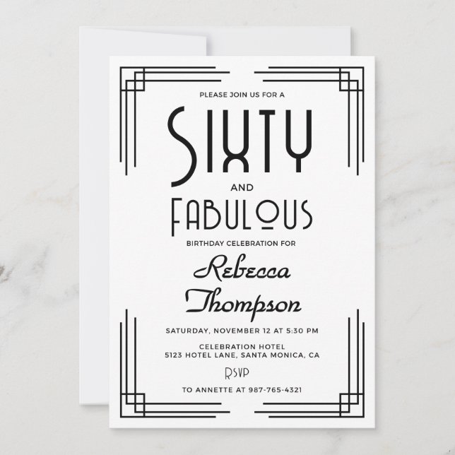 Invitación Sesenta Fabuloso Blanco Negro Art Deco 60 Cumpleañ (Anverso)
