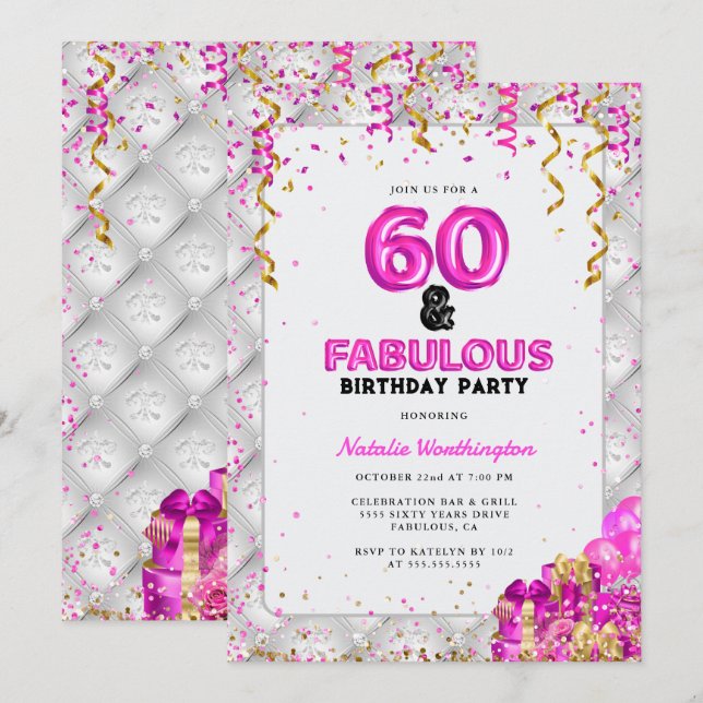 Invitación Sesenta fabuloso oro rosado 60 cumpleaños (Anverso / Reverso)