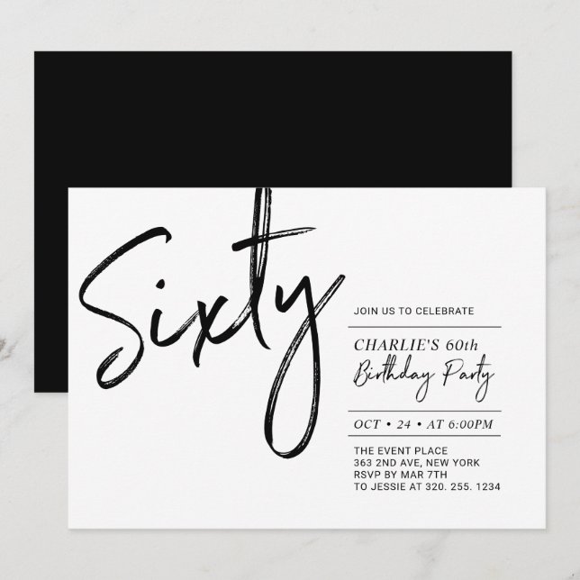 Invitación Sesenta | Fiesta de cumpleaños moderna en blanco y (Anverso / Reverso)