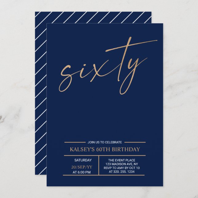 Invitación Sesenta | Modern Gold & Blue 60th Birthday Party (Anverso / Reverso)