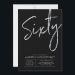 Invitación Sesenta | Modern Silver y Black 60th Birthday Part<br><div class="desc">Celebra tu día especial con esta sencilla y elegante invitación a la fiesta de cumpleaños número 60. Este diseño presenta un guión de broche "Sixty" con un diseño limpio sobre un fondo negro. Se puede personalizar el texto y el color de fondo. Hay más diseños y suministros de fiesta disponibles...</div>