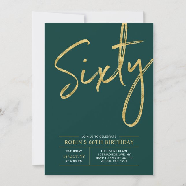 Invitación Sesenta | Oro moderno y Fiesta Verde de cumpleaños (Anverso)