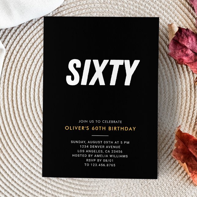 Invitación Sesenta | Simple Black & Gold 60th Birthday Party (Sixty | Simple Black & Gold 60th Birthday Party Invitation
)