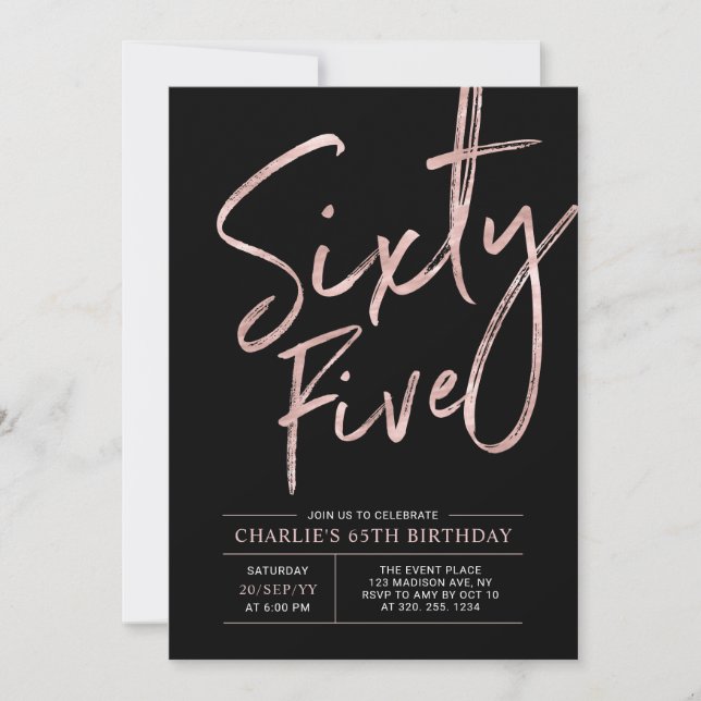 Invitación Sesenta y cinco | Cumpleaños 65 de oro rosa y negr (Anverso)