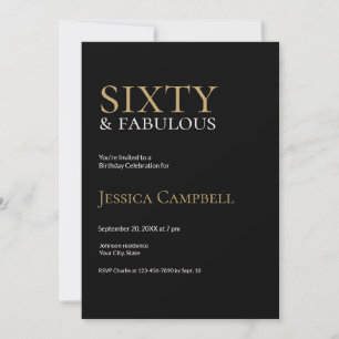 Invitación Sesenta y Fabuloso Cumpleaños 60 Negro y Dorado In